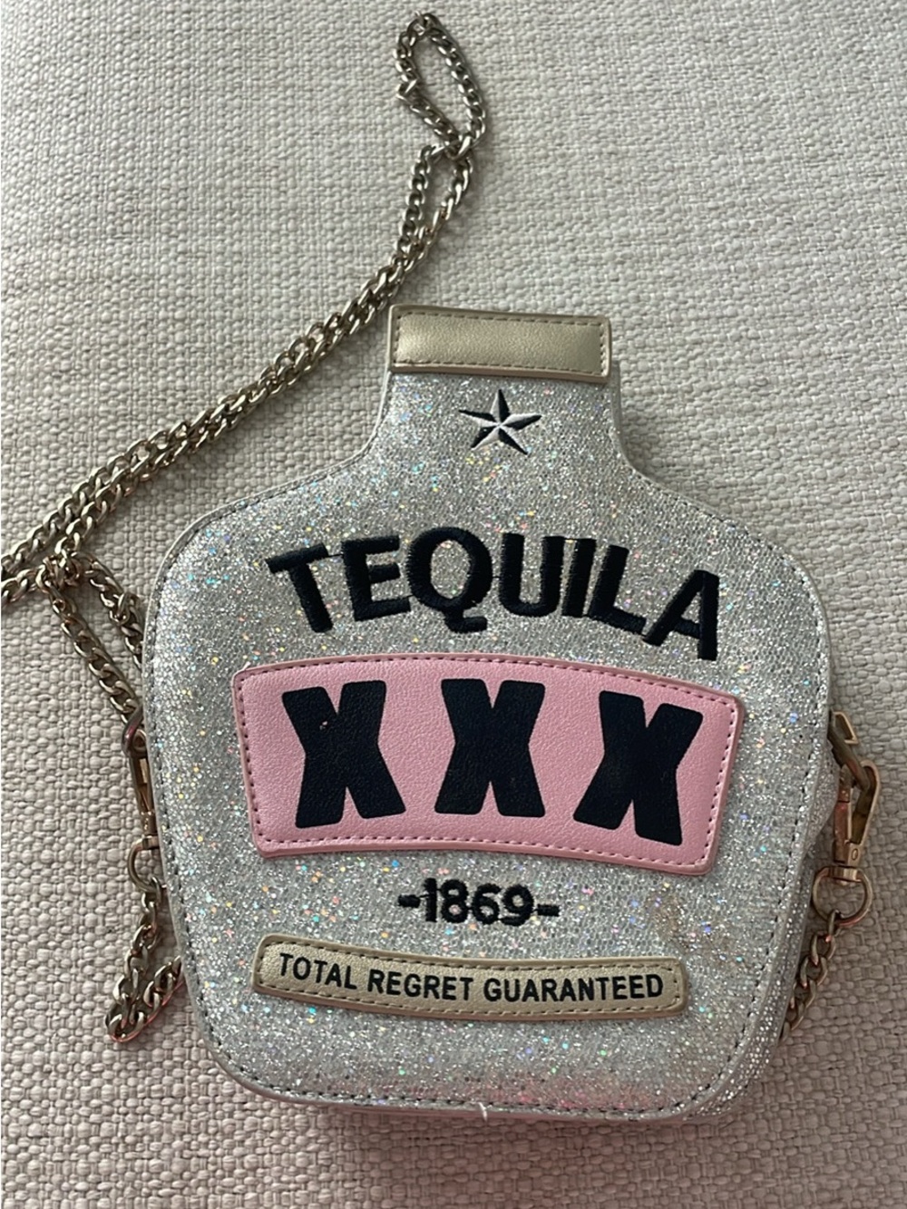 Novelty Tequila Bottle Crossbody Bag in Glitter Silver & Pink